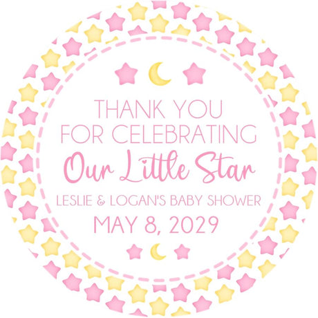 our little star baby shower sticker with pink and yellow design