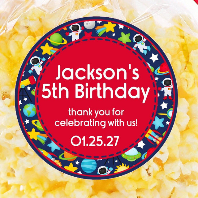 outer space rocket birthday sticker with red center