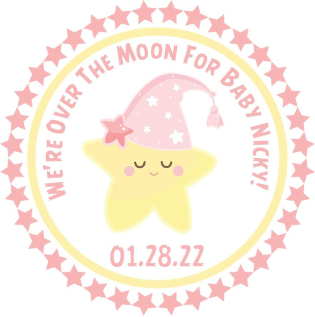 over the moon baby shower sticker with pink and yellow star