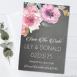 oversized pink flower wedding save the dates dark background theme