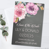 oversized pink flower wedding save the dates dark background theme
