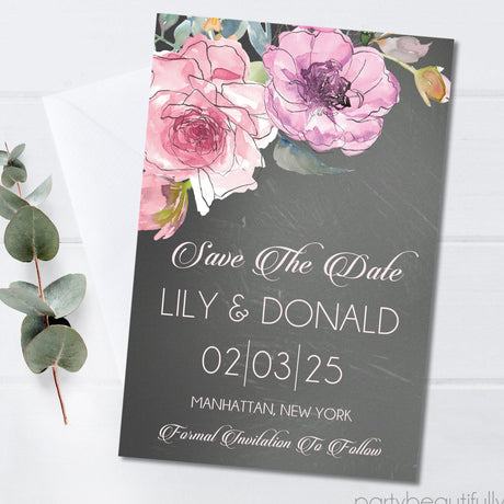 oversized pink flower wedding save the dates dark background theme