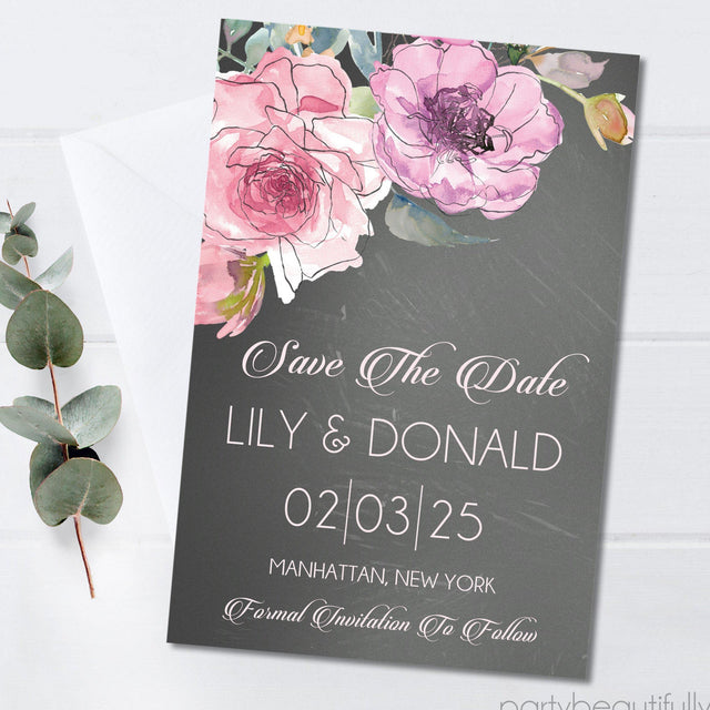 oversized pink flower wedding save the dates dark background theme