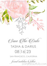 pale pink floral wedding save the dates elegant greenery theme