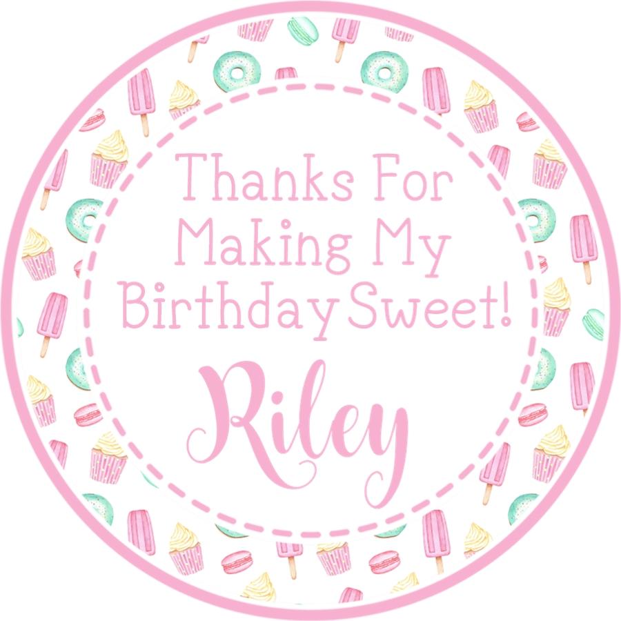pastel candy birthday sticker with pink and mint icons