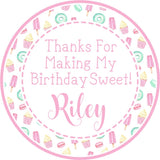 pastel candy birthday sticker with pink and mint icons