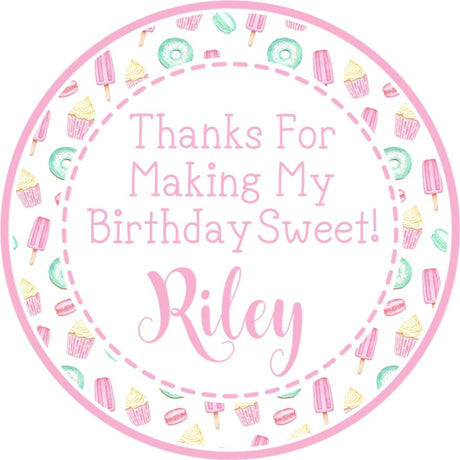 pastel candy birthday sticker with pink and mint icons