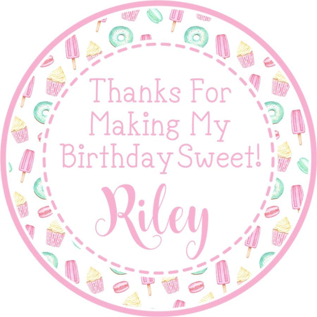 pastel candy birthday sticker with pink and mint icons