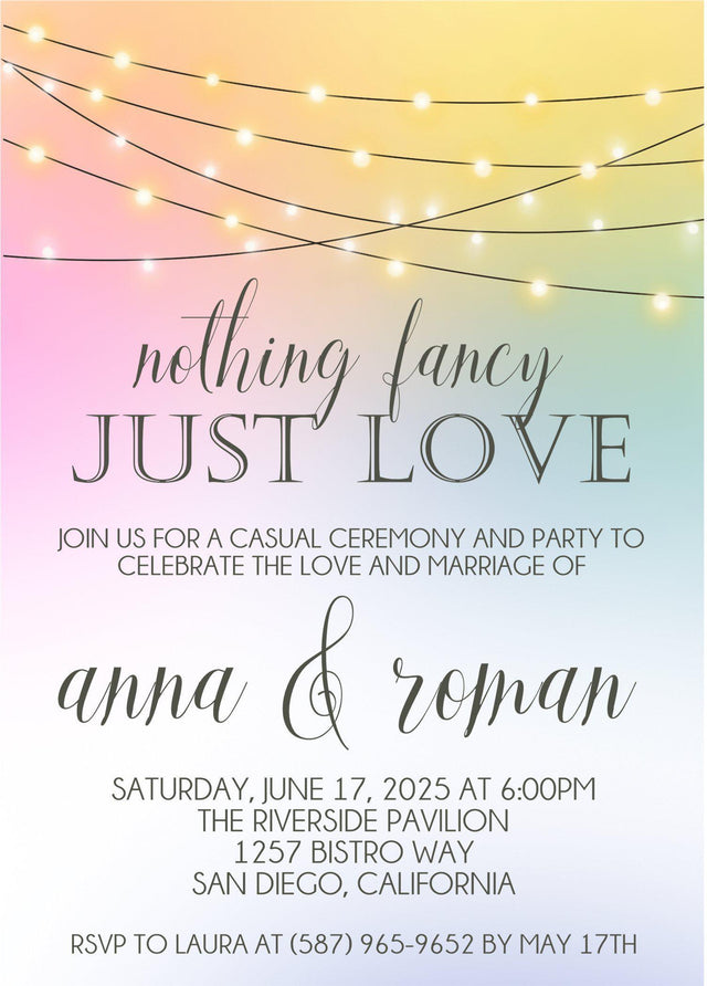 pastel rainbow wedding invitation featuring glowing string lights and romantic evening styling