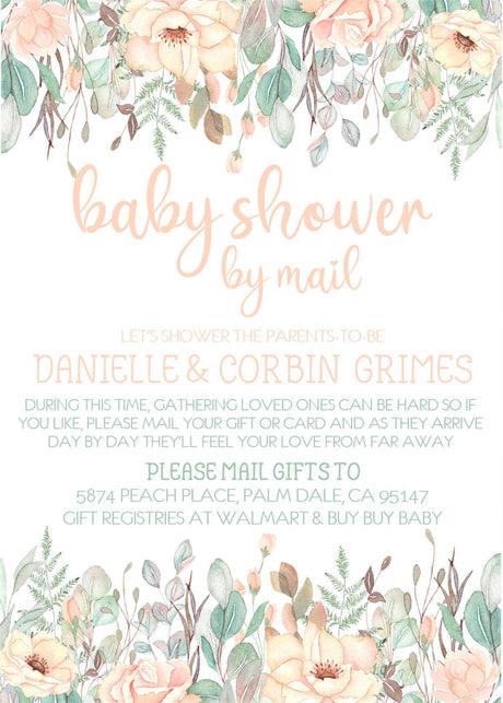 peach flower baby shower by mail invitation cards botanical garden style for girls