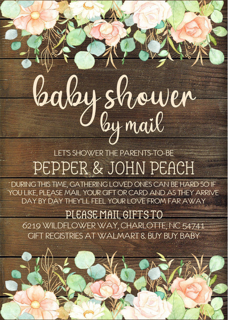 peach greenery floral baby shower by mail invitations with matching address labels