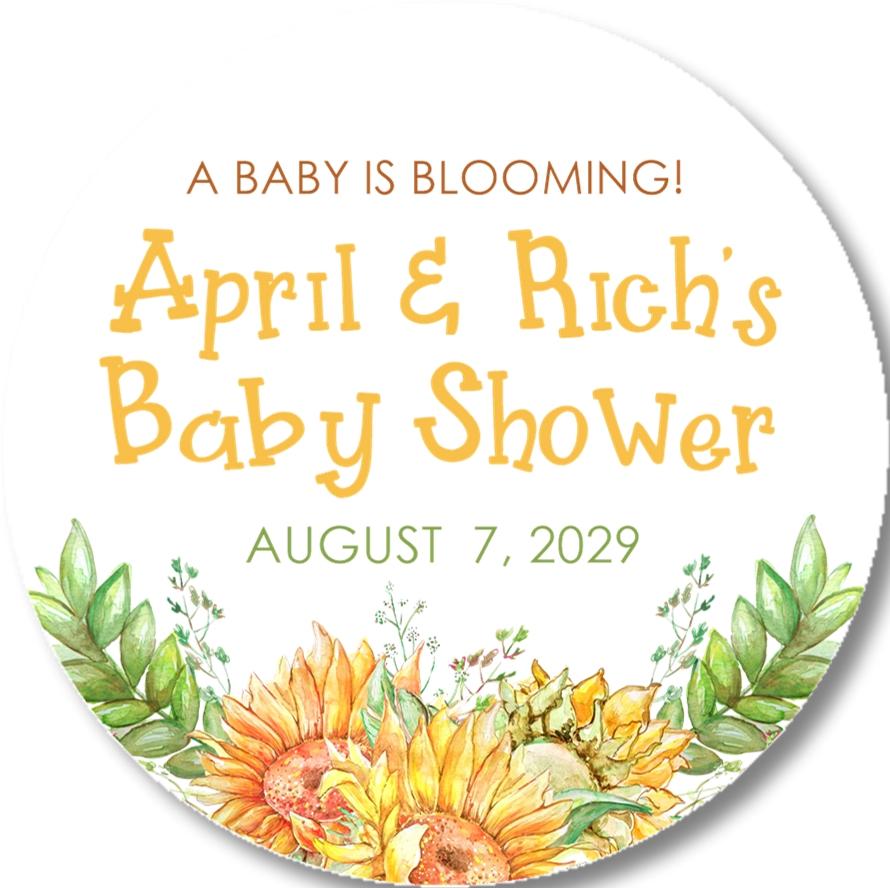 personalized baby shower sticker with greenery and sunflowers