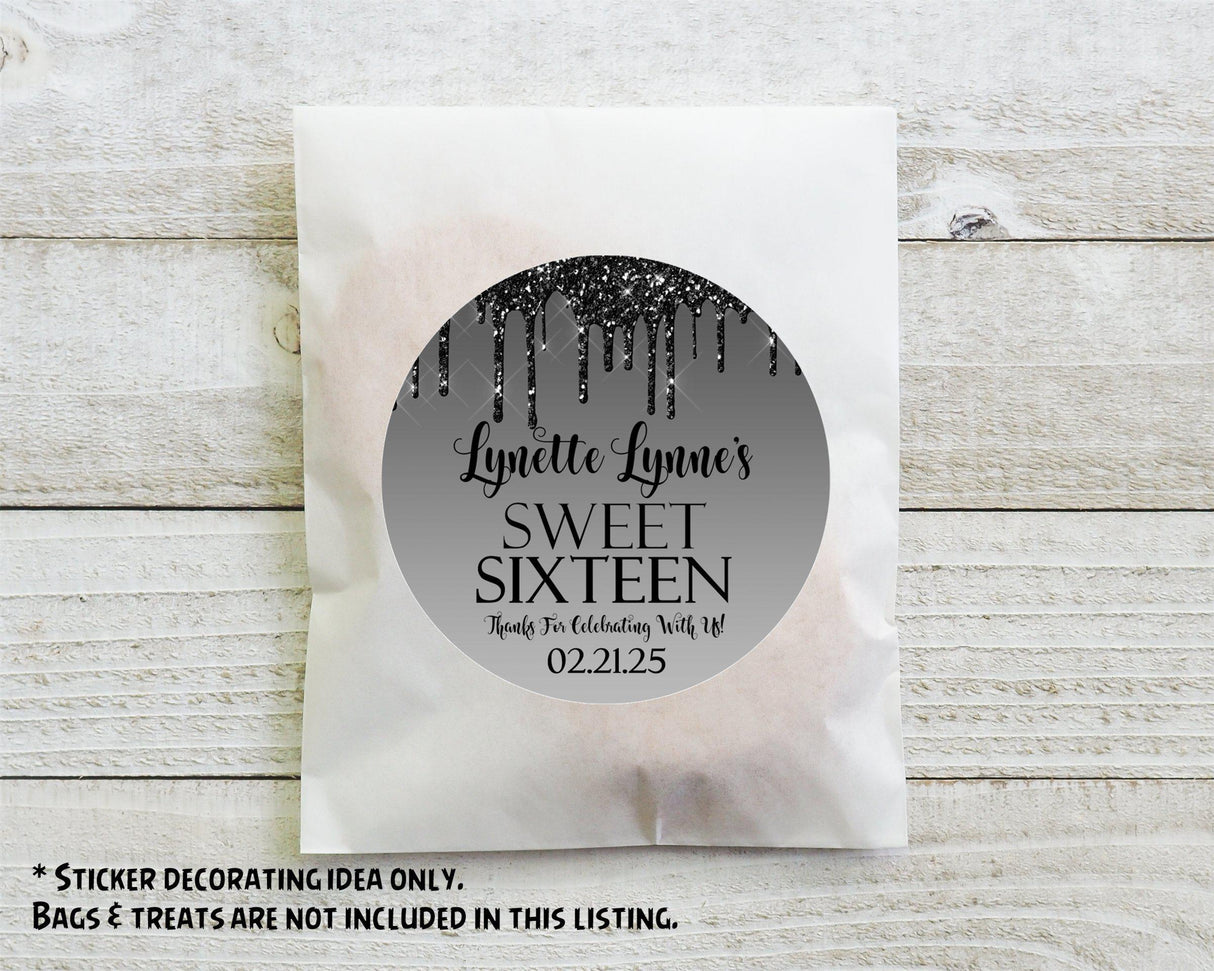 personalized black silver sweet sixteen party label