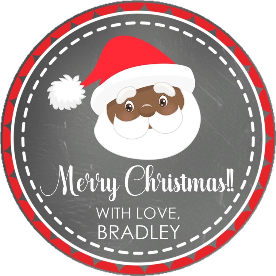 personalized brown santa holiday favor label with red border