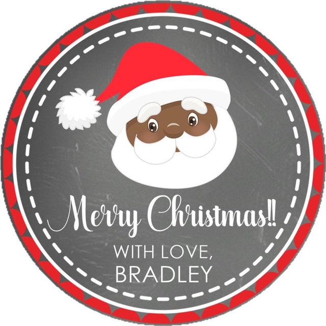 personalized brown santa holiday favor label with red border