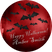 personalized halloween sticker with black bats flying across deep red background