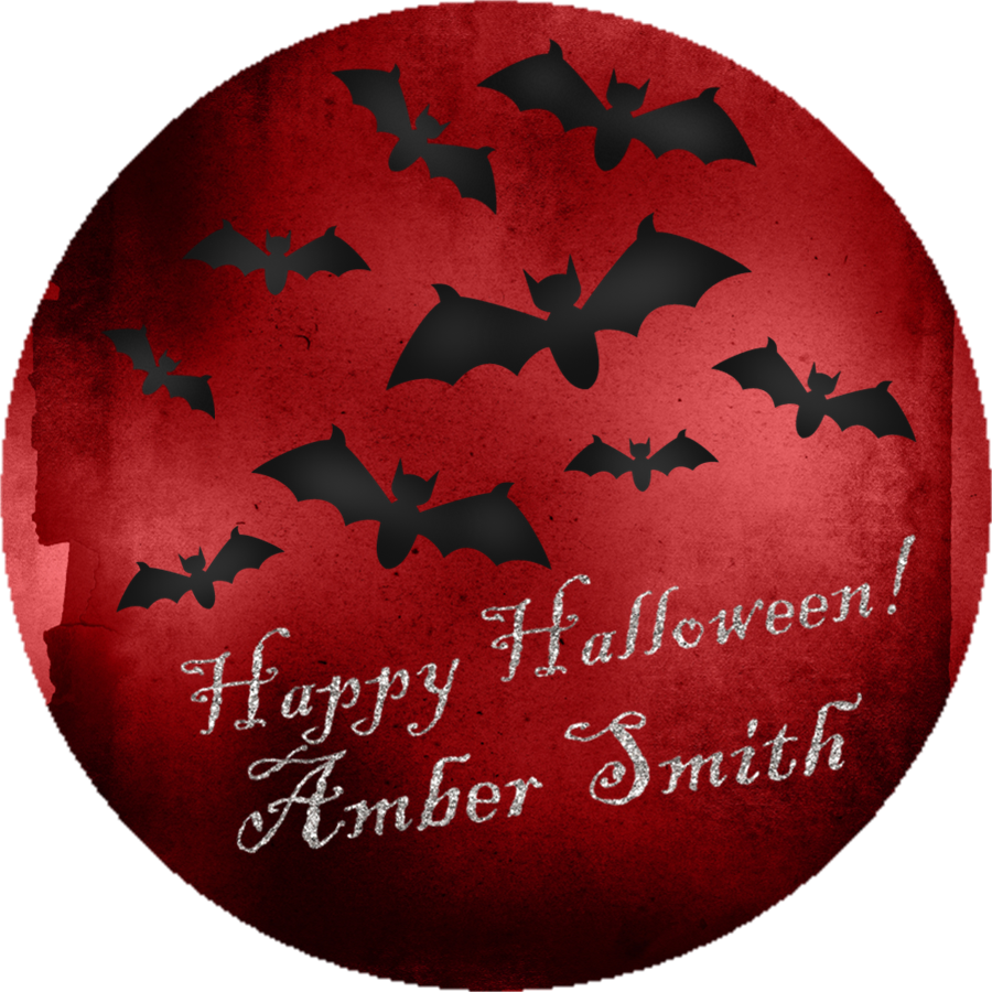 personalized halloween sticker with black bats flying across deep red background