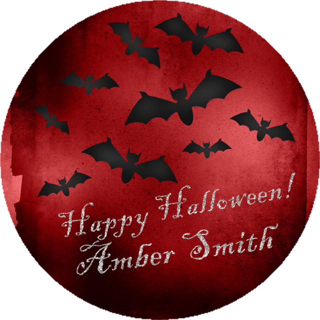 personalized halloween sticker with black bats flying across deep red background