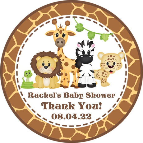 personalized jungle safari favor labels with giraffe pattern