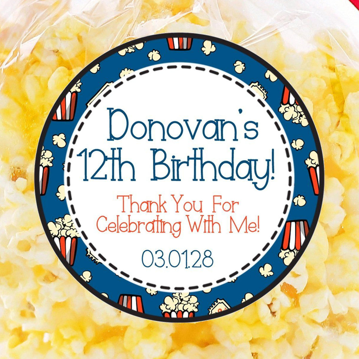 Blue Popcorn Movie Birthday Stickers – Personalized Cinema Party Labels ...