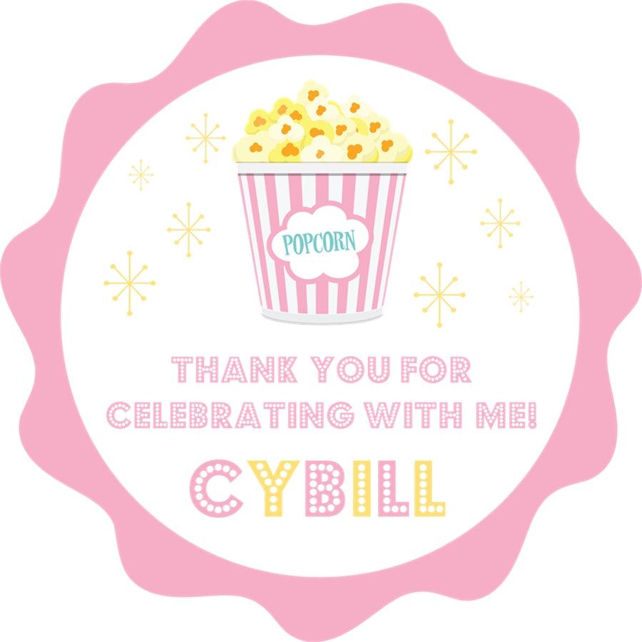 personalized popcorn party favor label in soft pink