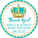 personalized prince baby shower favor label in turquoise and gold