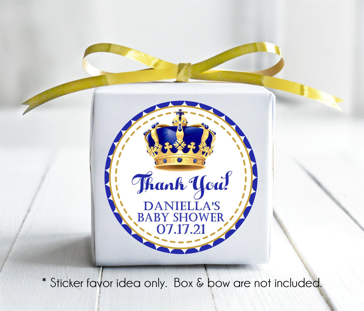 personalized prince baby shower favor label with gold crown design