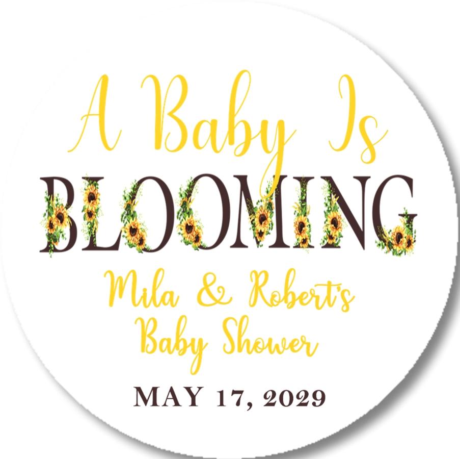 personalized sunflower baby shower label with greenery
