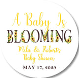 personalized sunflower baby shower label with greenery