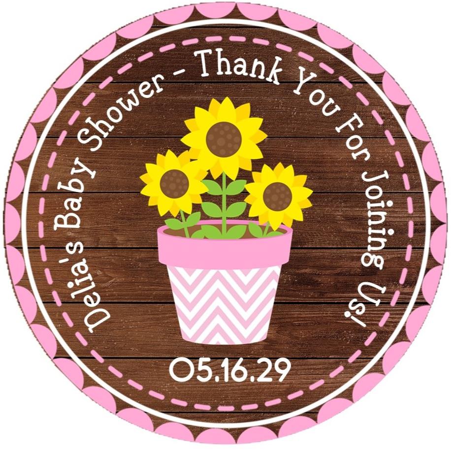 personalized sunflower baby shower sticker with rustic wood background