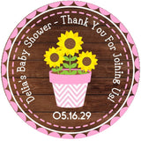 personalized sunflower baby shower sticker with rustic wood background