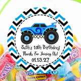 personalized truck party favor label in blue and black