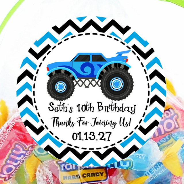 personalized truck party favor label in blue and black
