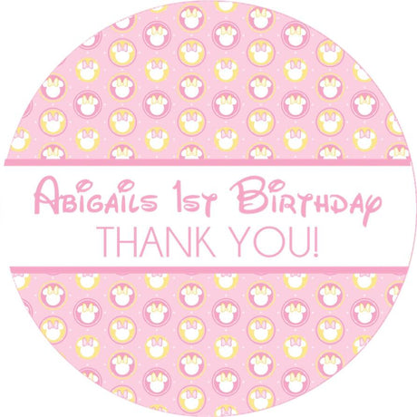 pink Minnie bow birthday sticker with pastel bow pattern