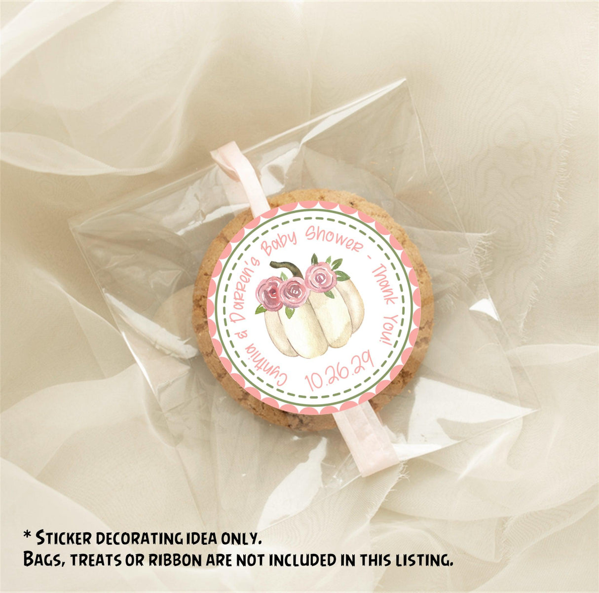 pink and ivory pumpkin baby shower sticker with roses
