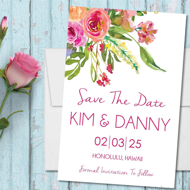 pink and peach floral save the date cards watercolor botanical design