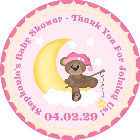 pink and yellow moon baby shower label