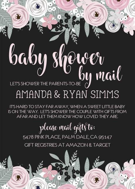 pink black floral baby shower by mail invitations with matching address labels