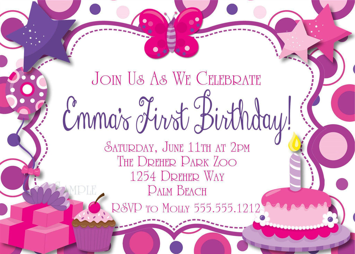 pink cake birthday invitations pink purple celebration theme