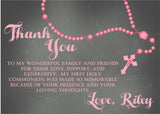 pink chalkboard rosary communion thank you cards elegant religious design