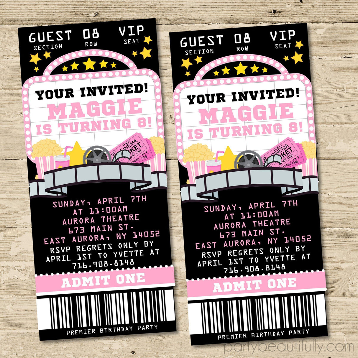 pink cinema birthday ticket invitation with movie theater inspired design