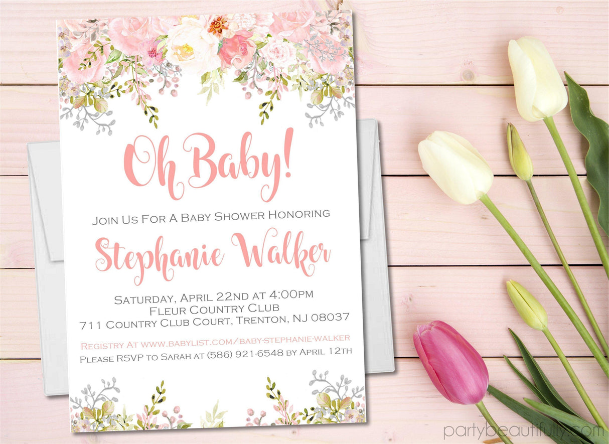 pink floral baby shower invitations watercolor botanical design