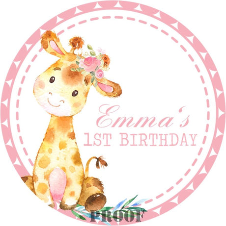 pink floral giraffe 1st birthday sticker for girls