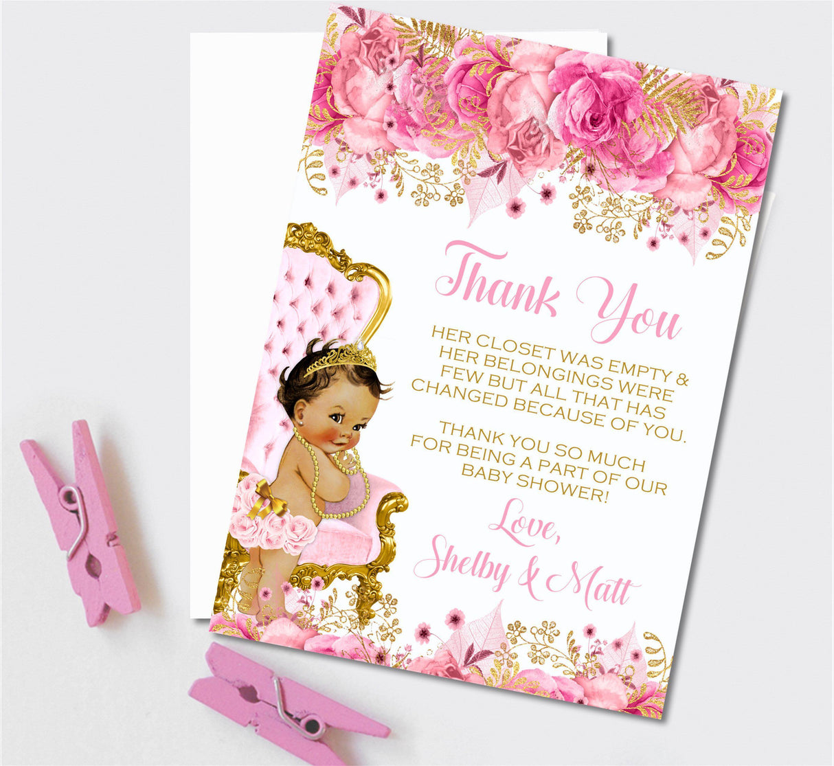 pink floral princess baby shower thank you cards elegant style