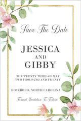 pink flower wedding save the dates greenery border theme