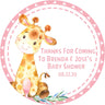 pink giraffe baby shower favor sticker with watercolor giraffe