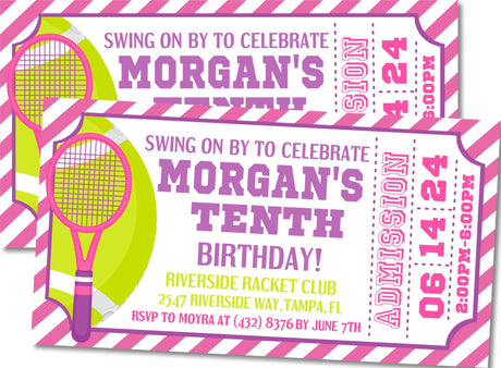 pink purple tennis birthday invitation cards