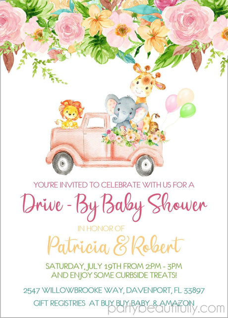 pink safari truck baby shower invitations floral theme