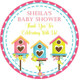 pink scalloped birdhouse sticker for baby shower
