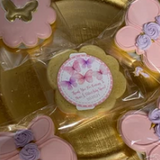 pink scalloped border butterfly baby shower sticker